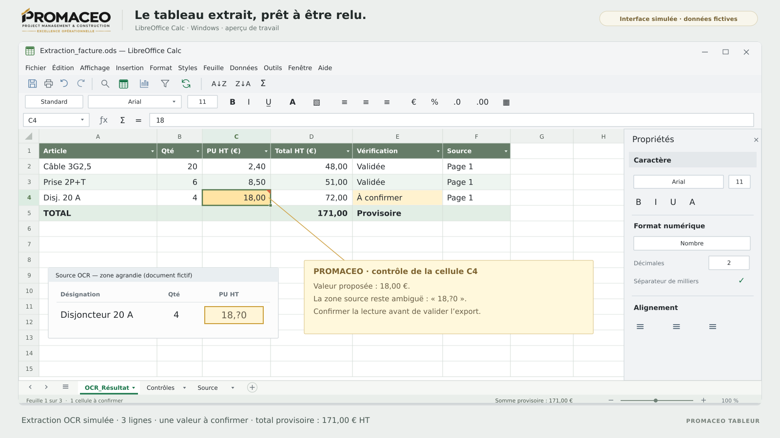 Interface simulée PROMACEO : extraction des lignes d’un devis PDF vers un tableau comparable, zones sources et valeurs à vérifier.